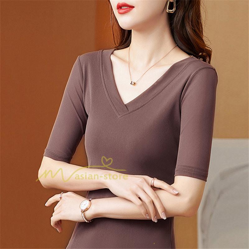tシャツ・カットソー | Tシャツ レディース カジュアル Vネック おしゃれ 女性用 シンプル 無地 20代30代40代50代 カシュクール インナー フェミニン 上品 お出かけ 着痩せ カジュアル