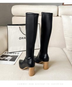 ロングブーツ | ポインテッドトゥレディース チャンキーヒール サイドファスナー バイカラー ミドルヒール 太ヒール 合皮ブーツ ロングブーツ ブーツ 無地