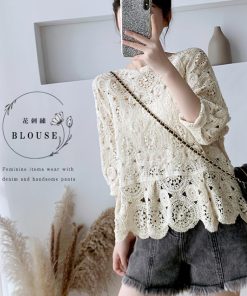 透かし編みトップス | レディース5分袖 トップス ブラウス プルオーバー シースルーカットソー 透け感 春夏 かぎ編み 透かし編み 花刺繍