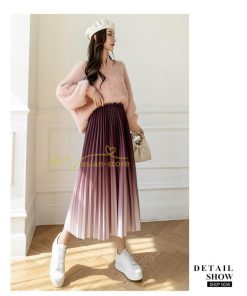 スカート | プリーツロングミモレ丈 グラデーションAラインウエストゴム ハイウエスト 秋冬 無地 ゆったり 大人 通学通勤