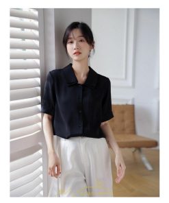 シャツ・ブラウス | トップス ブラウス 半袖 シャツ レディース オフィス フォーマル 白 黒 開襟 二重襟 バブルスリーブ 着痩せ フランス風 仕事服 クラシック 無地 通勤 大人 上品
