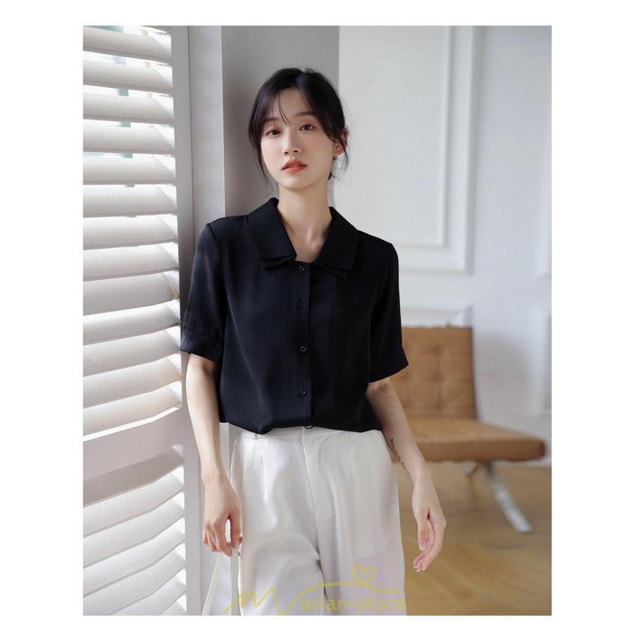 シャツ・ブラウス | トップス ブラウス 半袖 シャツ レディース オフィス フォーマル 白 黒 開襟 二重襟 バブルスリーブ 着痩せ フランス風 仕事服 クラシック 無地 通勤 大人 上品