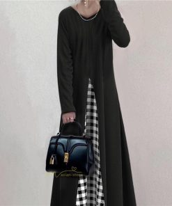 マキシ | ロングワンピース 秋冬ワンピース チェックワンピース 切り替え フェイク レイヤード風 レディース Vネック 秋服 秋物 秋冬服 秋服春 30代40代50代