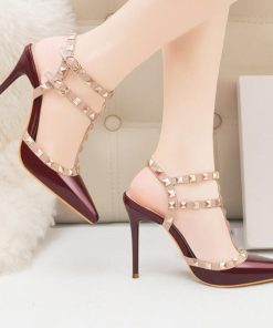 サンダル | ハイヒール キャバパンプス レディース パーティー アンクルストラップ結婚式靴 スタッズpumpsポインテッドトゥ サンダルパンプス