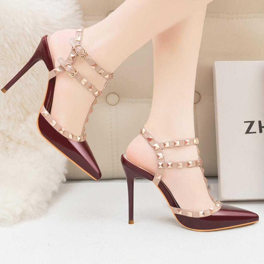 サンダル | ハイヒール キャバパンプス レディース パーティー アンクルストラップ結婚式靴 スタッズpumpsポインテッドトゥ サンダルパンプス