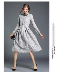 在庫ある | 短納期レースドレス フレアワンピース 膝丈ワンピ ハイウエスト シルエット 二次会 披露宴 ダンス 舞台衣装 エレガント 上品 着痩せ 結婚式 パーティー OL