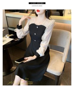 ミディアム | Aラインワンピース 切り替えワンピース 秋コーデ レディース 長袖 膝丈ワンピース 美ライン シルエット 無地 フォーマル 黒ワンピース お呼ばれ オフィス