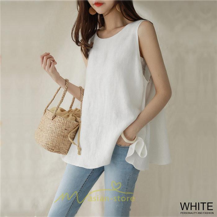シャツ・ブラウス | ブラウス トップス ノースリーブ レディース tシャツ タンクトップ ベルト付き 広い裾 フレア裾 涼しい 涼感 体型カバー ゆったり 綿麻 夏 おしゃれ 大人 無地