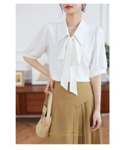 シャツ・ブラウス | シフォンブラウス 半袖 レディース シフォン ブラウス 白 青 フォーマル 開襟 服 バブルスリーブ 蝶結び 着痩せ 春 韓国風 通勤 おしゃれ 女性 上品 夏
