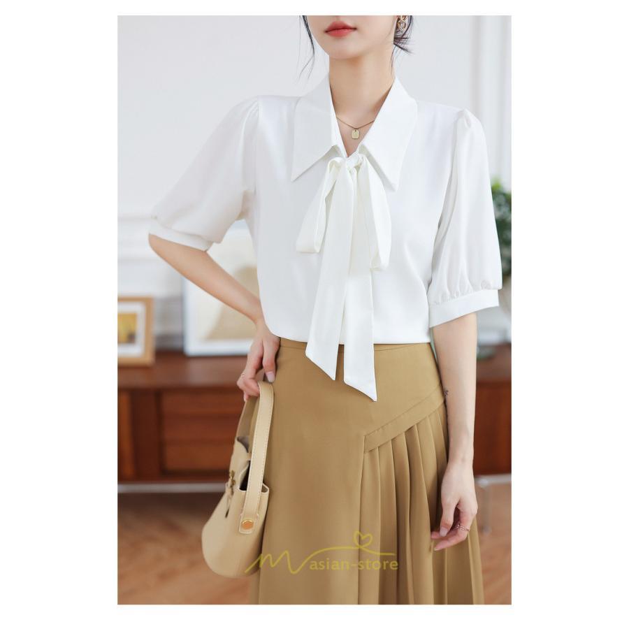 シャツ・ブラウス | シフォンブラウス 半袖 レディース シフォン ブラウス 白 青 フォーマル 開襟 服 バブルスリーブ 蝶結び 着痩せ 春 韓国風 通勤 おしゃれ 女性 上品 夏