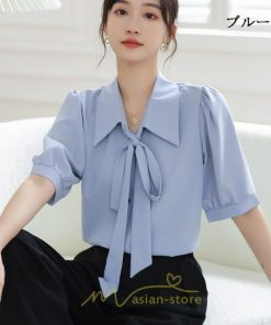 シャツ・ブラウス | シフォンブラウス 半袖 レディース シフォン ブラウス 白 青 フォーマル 開襟 服 バブルスリーブ 蝶結び 着痩せ 春 韓国風 通勤 おしゃれ 女性 上品 夏
