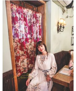 マキシ | ロングワンピース 長袖 レディース プリント Aラインワンピース 30代40代 ゆったり ワンピ 広い裾 ベルト付き ダンス プリンセス 舞台 落ち感 コスプレ