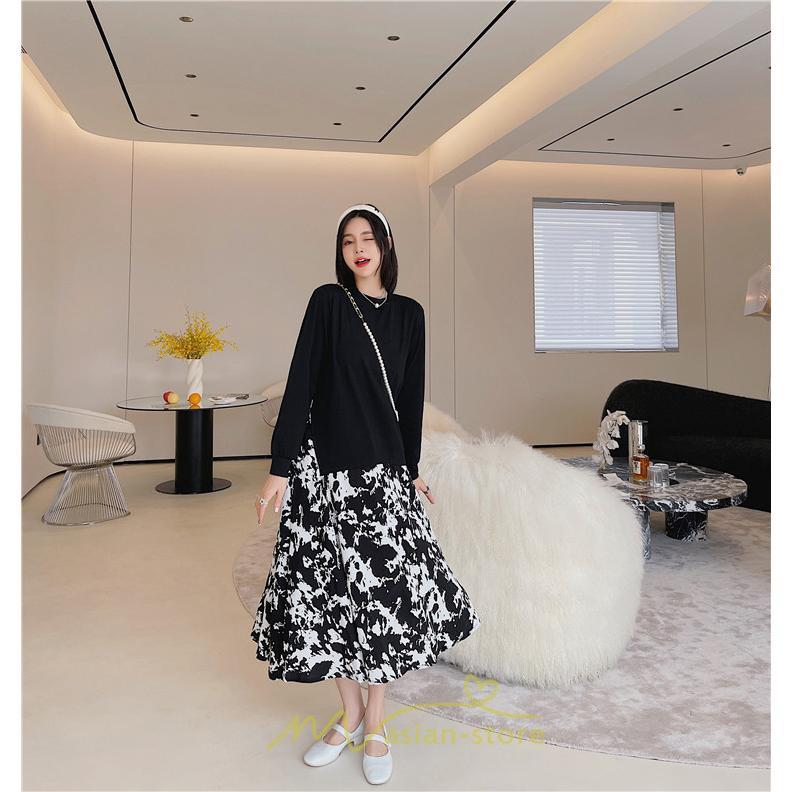 マキシ | ドッキングワンピース 秋 レディース 長袖ワンピース ロングワンピース 切り替えワンピース フェイク レイヤード風 Aラインワンピース お呼ばれワンピース