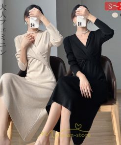 ニットワンピース | 二ットワンピース レディース ニットワンピ Vネック 長袖 トップス チュニック ロング丈 ミモレ丈 着痩せ 秋 冬 コーデ 20代30代40代 フェミニン 上品 大人