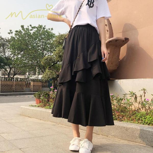 スカート | Aライン フレア裾 不規則アシンメトリー シフォン 韓国風 ティアード フリーサイズ 2020夏コーデ プリーツフレア ウエストゴム ハイウエスト
