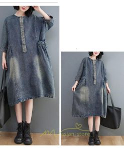 デニムワンピース | ワンピース デニム レディース 40代 ロング チュニック 長袖 ゆったり 大きいサイズ 20代30代50代 ロング丈 体型カバー 膝丈