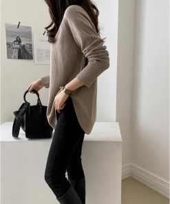 ニット・セーター | ニット レディース 秋冬 厚手 トップス セーター 秋服コーデ 長袖 ブランド裾 不規則 スリット ゆったり ニットセーター 大人 上品 ハイネック 無地 30代