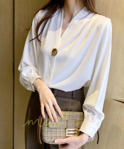 シャツ・ブラウス | ブラウス レディース 長袖ブラウス 春秋 オフィスブラウス 白vネック オシャレブラウス シフォントップス 韓国風 大人 上品 40代 ゆったりシャツ 通勤OL 50代
