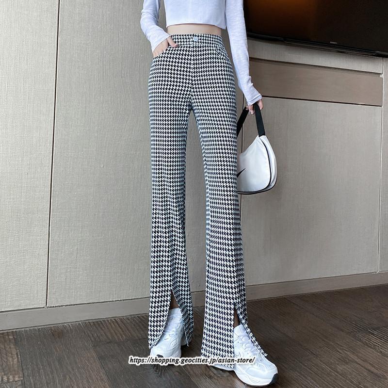 チノ・テーパード・ジョガー・スキニーパン | パンツ レディース フレアパンツ ロングパンツ 千鳥格柄 スリット カジュアル ハイウエスト ワイドパンツ トレンド おしゃれ 送料無料 楽ちん お出かけ かわいい
