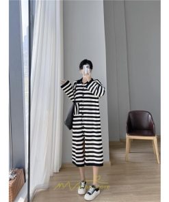 ニットワンピース | ワンピース 秋 秋服 レディース ニット ロングワンピース ロング 長袖 大きいサイズ ゆったり ボーダー柄 スリット お出かけ 部屋着 休日 韓国風 カジュアル