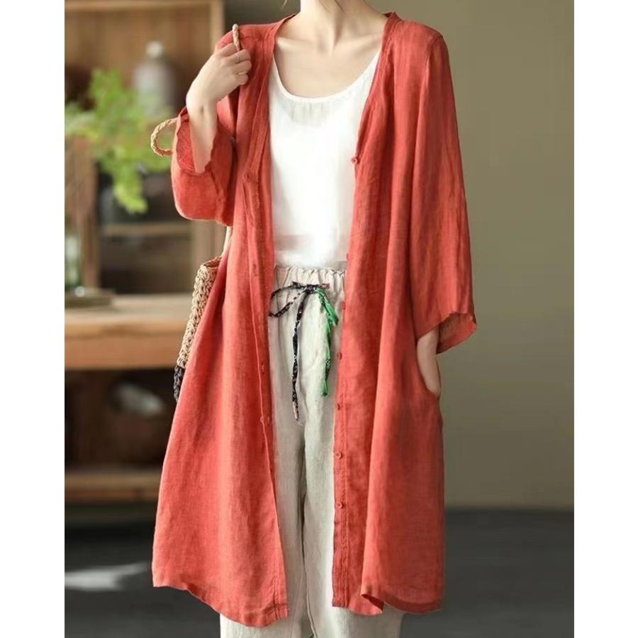カーディガン | レディース リネン 麻混 ロング 春 秋 ゆったり 7分袖 40代 50代 無地 4色 冷え防止 透け感 羽織 初秋 30代 秋大きいサイズ 20代