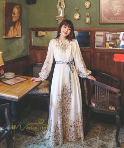 マキシ | ロングワンピース 長袖 レディース プリント Aラインワンピース 30代40代 ゆったり ワンピ 広い裾 ベルト付き ダンス プリンセス 舞台 落ち感 コスプレ