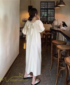 マキシ | ワンピース パフスリーブ 半袖 スクエアネック ゆったり 体型カバー ゆるワンピース フリーサイズ かわいい 無地 シンプル おしゃれ お出かけ レトロ 夏物 上品