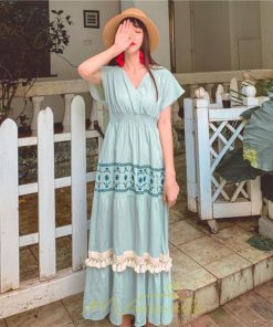 マキシ | ワンピース エスニック 綿麻 エスニックファッション 春ワンピ 夏ワンピ コットン リネン かわいい おしゃれ ハイウエスト バカンス 刺繍 Vネック リゾート 旅行