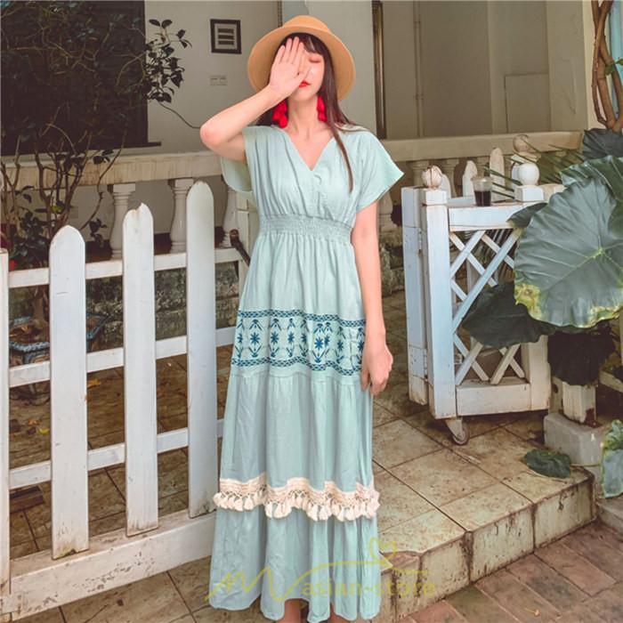 マキシ | ワンピース エスニック 綿麻 エスニックファッション 春ワンピ 夏ワンピ コットン リネン かわいい おしゃれ ハイウエスト バカンス 刺繍 Vネック リゾート 旅行