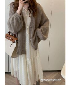 カーディガン | ニットミドル丈 レディース 羽織り ライトアウター 長袖 ニット セーター フロントボタン ボリューム 大きめ ゆったり パフスリーブ