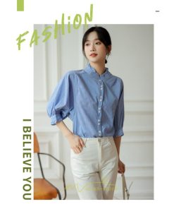 シャツ・ブラウス | ブラウス コットン 七分袖 レディース 青 入学式 入園式 卒業式 卒園式 フォーマル 結婚式 ママ 着痩せ 華奢見え OL お仕事 20代30代40代 通勤 新作 ビジネス