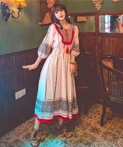 マキシ | ワンピース 夏 レディース リゾート きれいめ 夏ワンピ ファッション エスニック 幾何学柄 ウエストゴム レトロ サマーワンピース ロング 海外旅行 上品 夏服