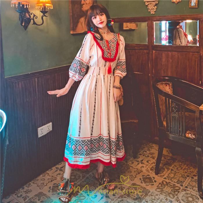 マキシ | ワンピース 夏 レディース リゾート きれいめ 夏ワンピ ファッション エスニック 幾何学柄 ウエストゴム レトロ サマーワンピース ロング 海外旅行 上品 夏服