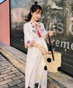 マキシ | ワンピース 半袖 夏物 レディース 秋服 綿麻 刺繍 フレアスリーブ ロングワンピース ミモレ丈 五分袖 ウエストゴム 大人 30代40代 Aラインワンピ リボン付き