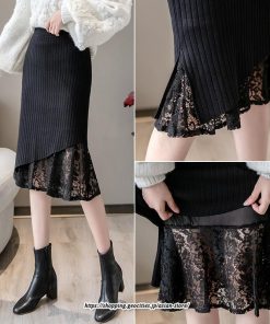 スカート | ニットレディース ファンション レース スリット 膝丈 ミモレ丈 ロング丈 秋冬 秋物 無地 通勤 エレガント フレア 女性 大人 着痩せ オシャレ 上品