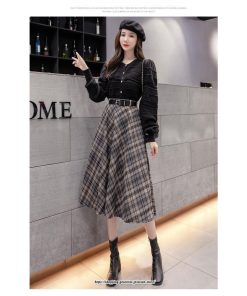 スカート | ロングミモレ レディース フレア Aライン ハイウエスト おしゃれ ゆったり ひざ下 体型カバー チェック柄 ラシャ ベルト付き 30代 20代 40代