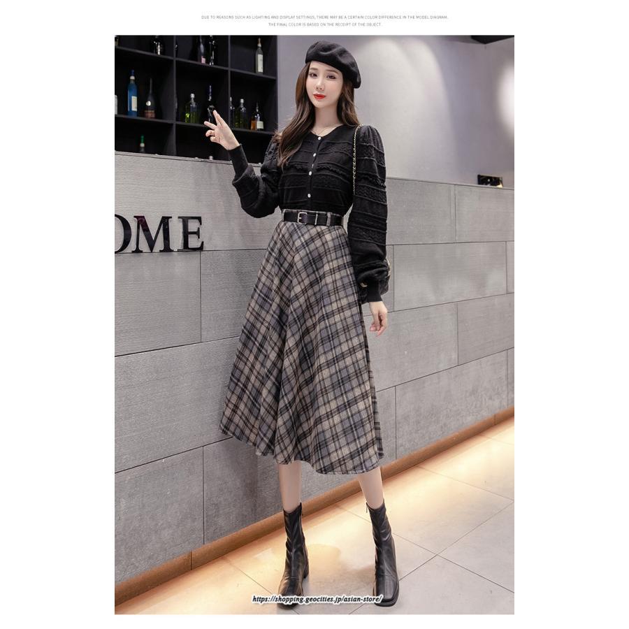 スカート | ロングミモレ レディース フレア Aライン ハイウエスト おしゃれ ゆったり ひざ下 体型カバー チェック柄 ラシャ ベルト付き 30代 20代 40代