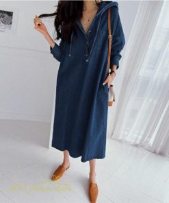 デニムワンピース | フード付き レディース デニム ワンピース 20代 30代 長袖 Aライン プルオーバー カジュアル 秋 冬 新作 40代 フリーサイズ シンプル 50代