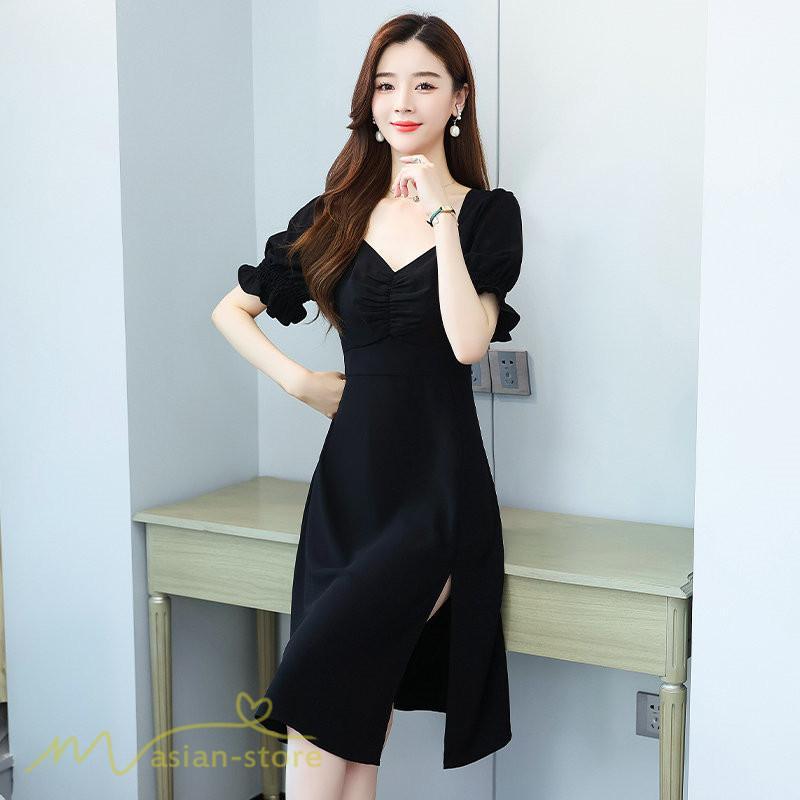 ミディアム | ワンピース レディース 着痩せ 半袖 Vネック カジュアル Aライン おしゃれ ミディアムワンピース エレガント 大きいサイズ 黒 夏 サマーワンピース 夏服 新作