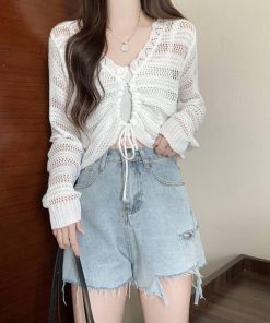 透かし編みトップス | フロントドロストニットトップスレディース