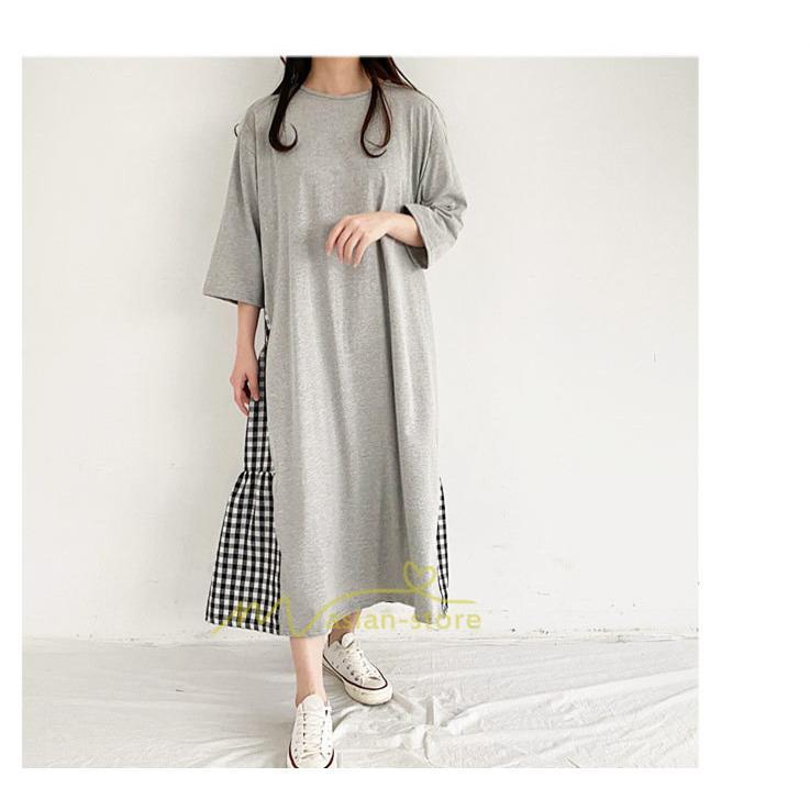 マキシ | ワンピース レディース 40代 ロングワンピース 春夏 切り替え チェック柄 お洒落 長袖 ゆったり カジュアル 通勤 30代 体型カバー 重ね着風 着痩せ 大きいサイズ