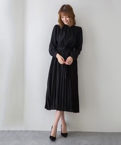 マキシ | ワンピースプリーツワンピース ロングフレアシフォンワンピース 二次会 ドレス 無地長袖リゾート ウエストリボン付き 通学通勤 エレガント M S L XL 可愛い