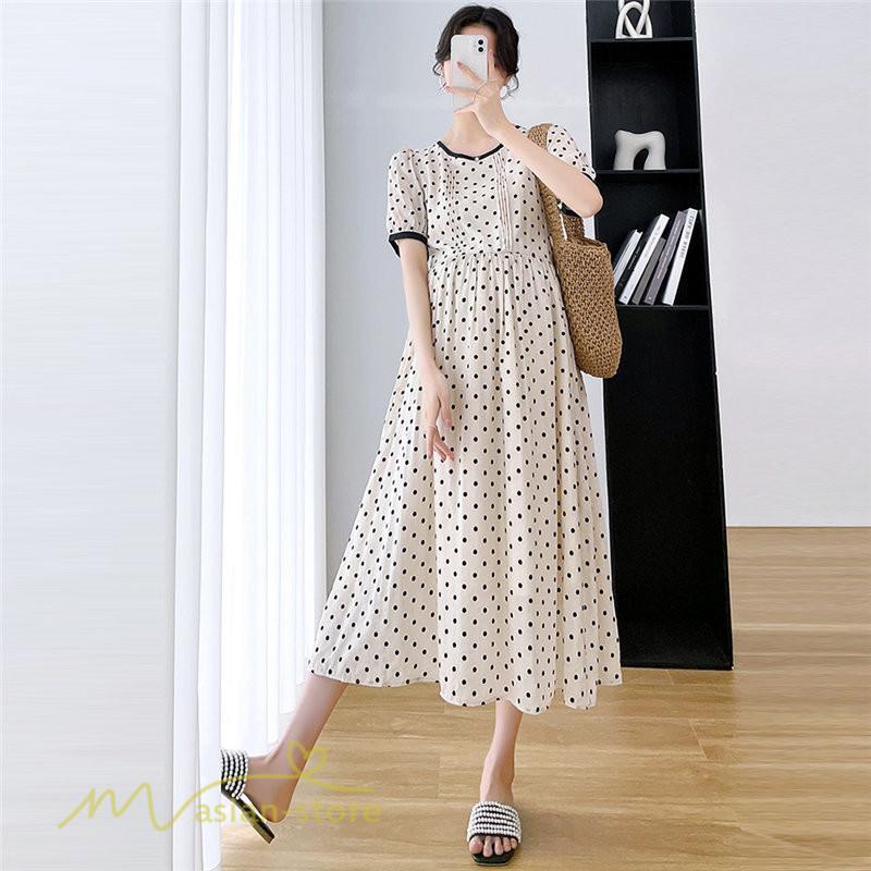 ワンピース | マタニティレディース 着痩せ ドット柄 Aライン半袖 ゆったり マタニティウェア 上品 産前 サマー おしゃれ お出かけ 妊婦服