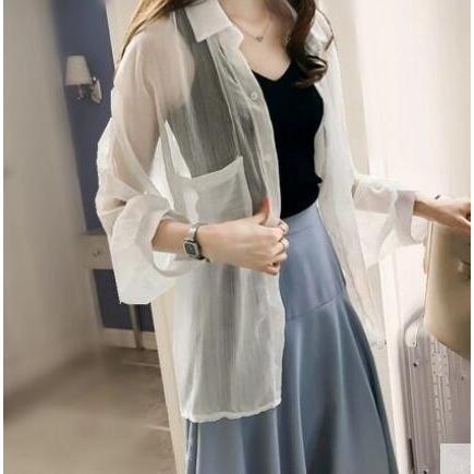 カーディガン | シフォンシャツブラウス 長袖 透け感 冷房対策 日焼け防止 無地 羽織り 体型カバー 大人 通学通勤 夏秋 トレンド フェミニン