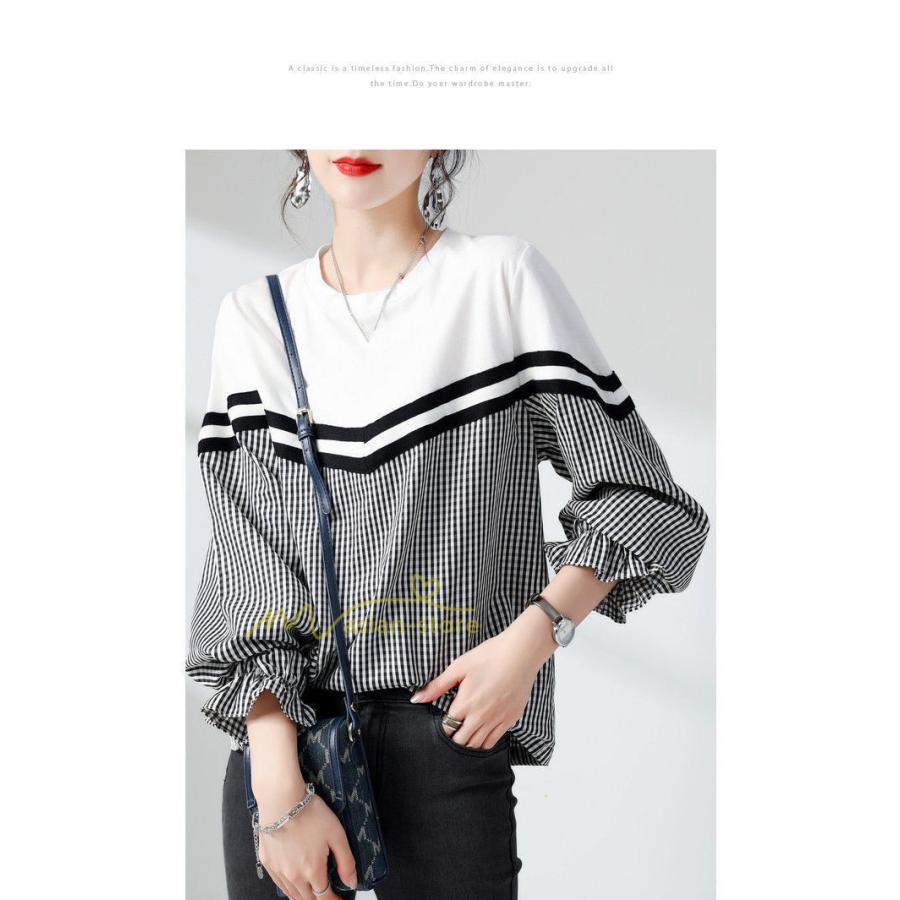シャツ・ブラウス | ドッキングブラウス レディース シャツ 長袖 秋物 トップス 切り替え ブラウスシャツ 異素材 秋コーデ ロングスリーブ スリム 長袖Tシャツ チェック柄 無地
