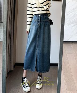 スカート | 秋デニムレディース 秋物 ロングミモレ丈 フロントスリット入れ ポケットあり スリム ストレート 無地 ボトムス キレイめ デニム お洒落