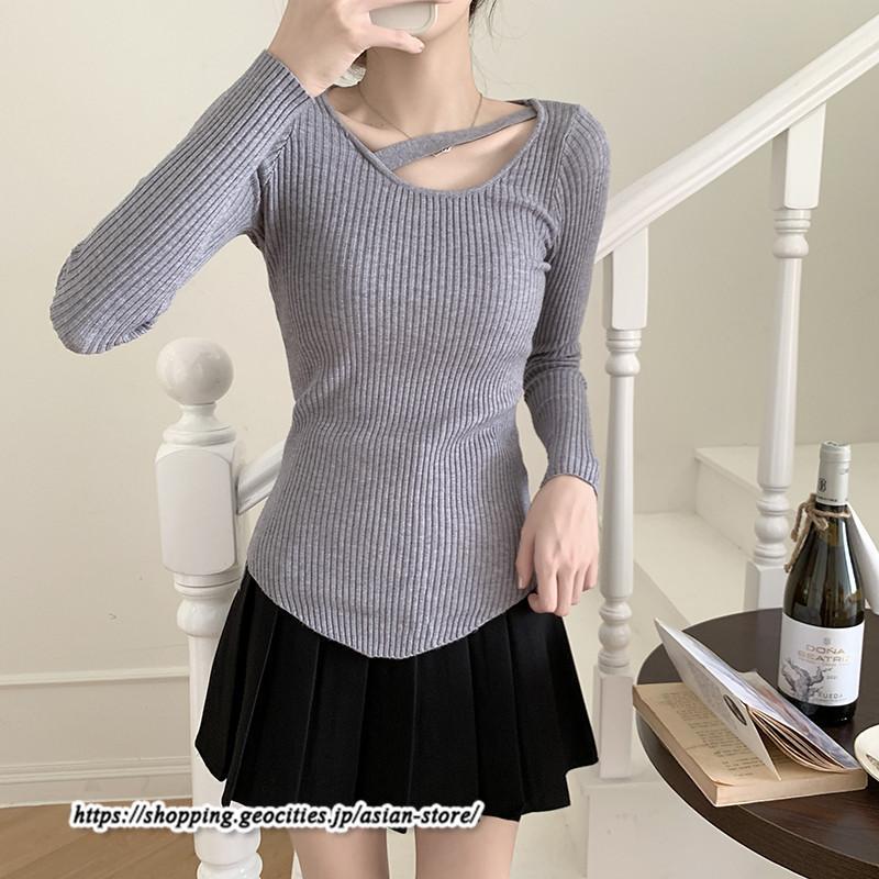 ニット・セーター | カットソー ニット レディース リブニット 長袖 秋冬 春 トップス スリム ストレッチ インナー 無地 通学通勤 着痩せ プルオーバー 長袖カットソー 長袖ニット