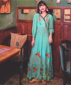 マキシ | ワンピース レディース 長袖 きれいめ ロング丈 マキシ丈 大人 リラックス 花柄 Aライン 着痩せ ハイウエスト リゾート 旅行 Vネック 体型カバー フェミニン