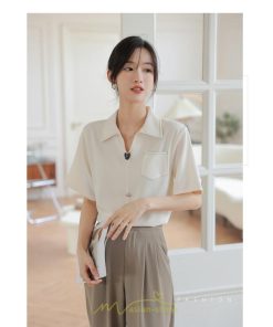 シャツ・ブラウス | ブラウス シャツ 夏 半袖 レディース 白 緑 無地 Vネック 開襟 胸ポケット 通気性 シンプル フランス風 女性 オフィス エレガント 上品 着痩せ 通勤 華奢見え OL