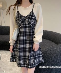 ミニ丈 | チェック柄ワンピース 膝上丈 長袖 切り替え フェイクレイヤード Aラインワンピース スリム 通学通勤 可愛い ミニワンピース ワンピ 低身長 ワンピース 秋物